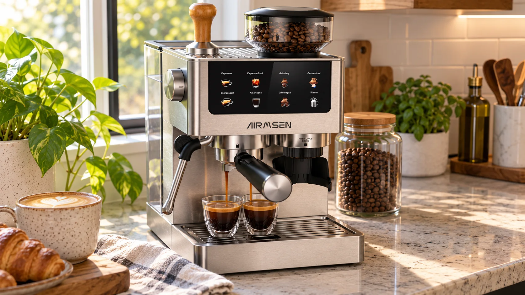 AI-assisted kitchen lifestyle view of the AIRMSEN-style machine and espresso drink