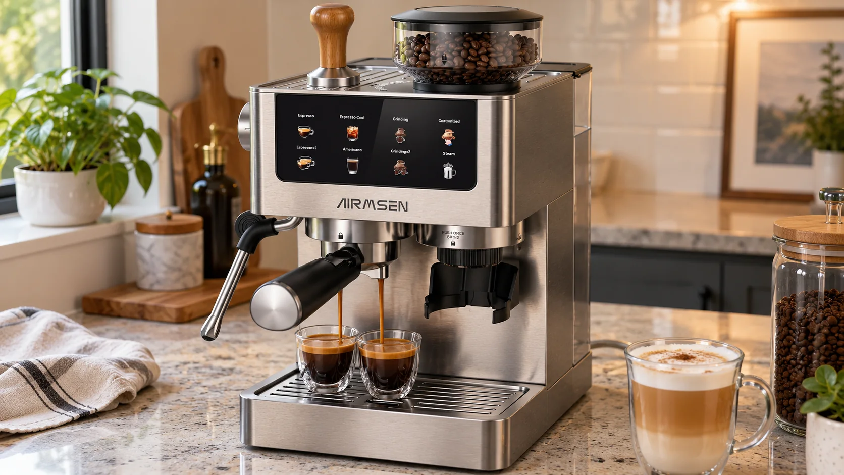 AI-assisted illustrative image of the AIRMSEN BCM2316-style stainless steel espresso machine with built-in bean grinder in a home kitchen
