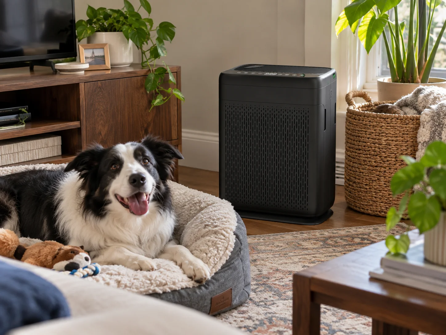 AMEIFU F1-style air purifier in a pet-friendly home