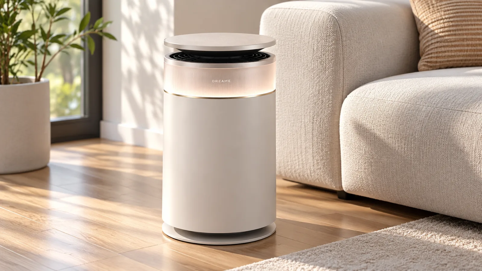 AI-assisted illustration of the Dreame FP10 Furcatch air purifier in a bright living room