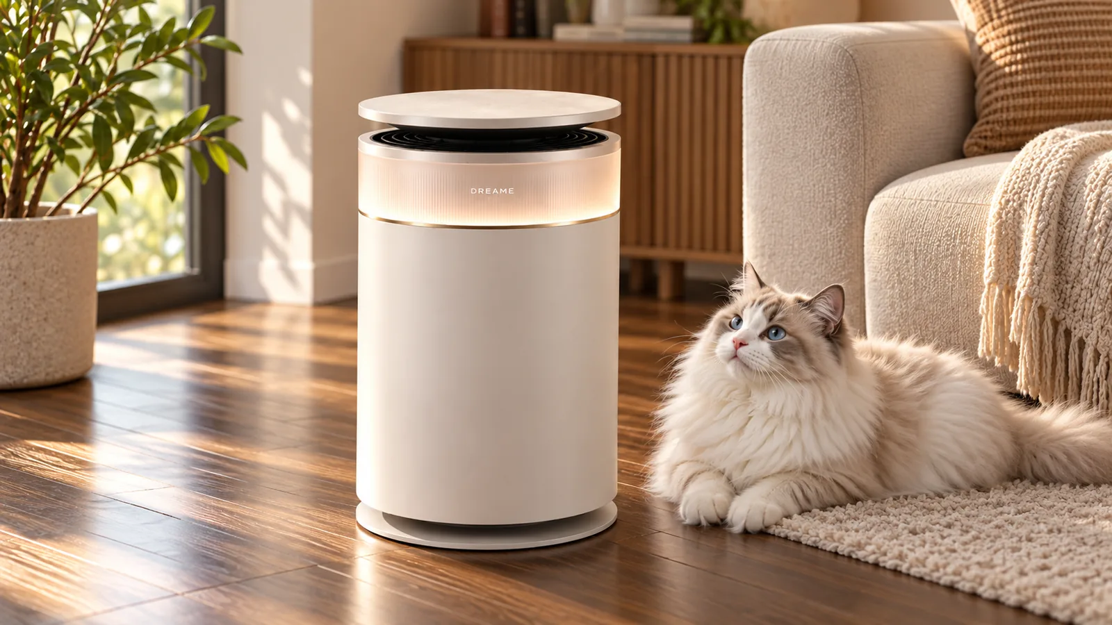 AI-assisted illustration of the Dreame FP10 Furcatch air purifier in a home setting