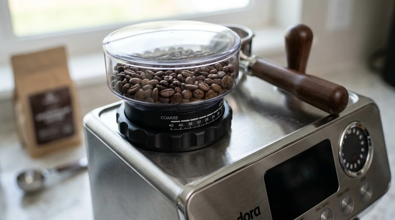 Grindora AT-CMG-01 integrated bean hopper and grinder detail