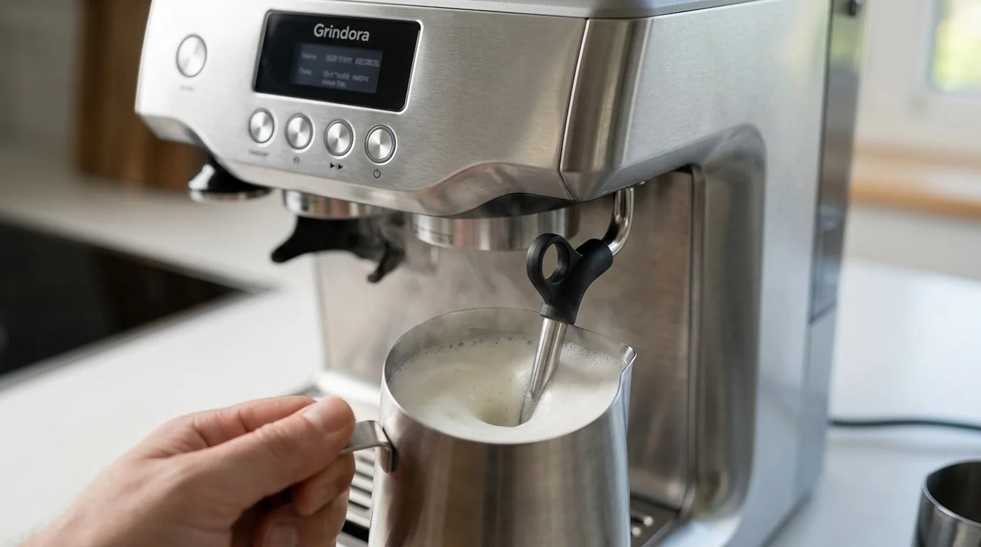 Grindora AT-CMG-01 steam wand frothing milk in a stainless pitcher