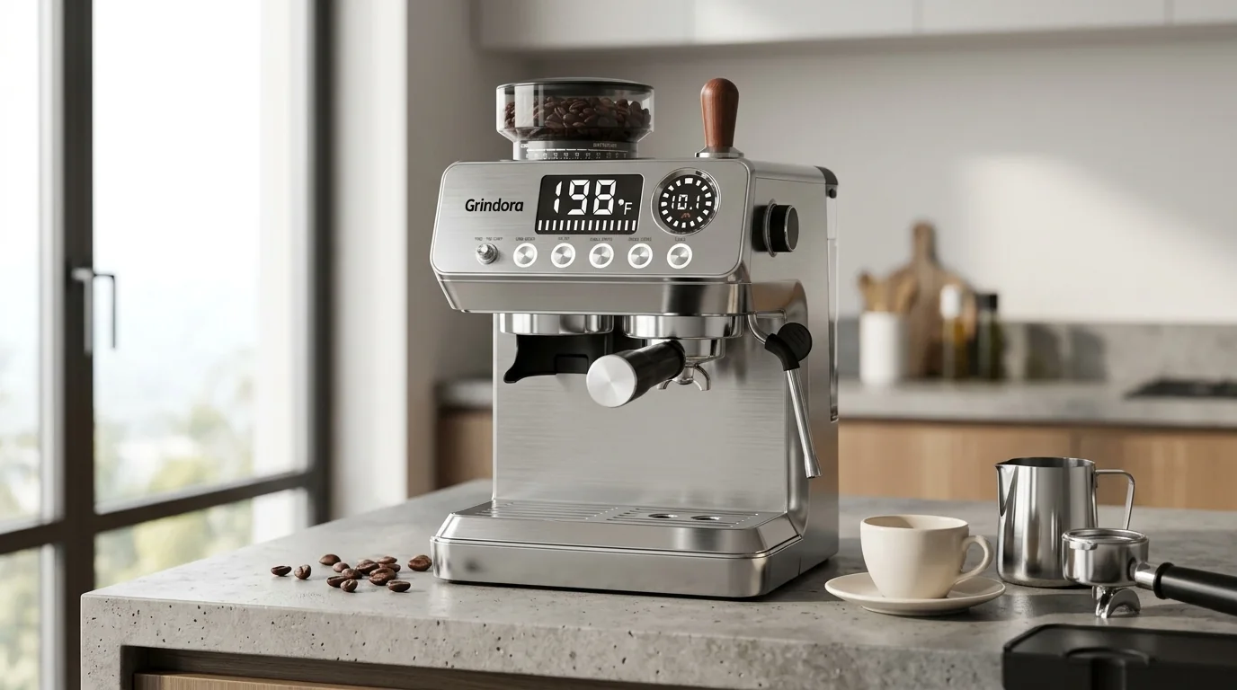 Grindora AT-CMG-01 espresso machine with integrated grinder on a modern kitchen countertop