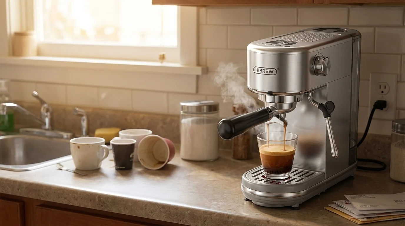 AI-generated kitchen illustration featuring the silver HiBREW H10B Lite espresso machine