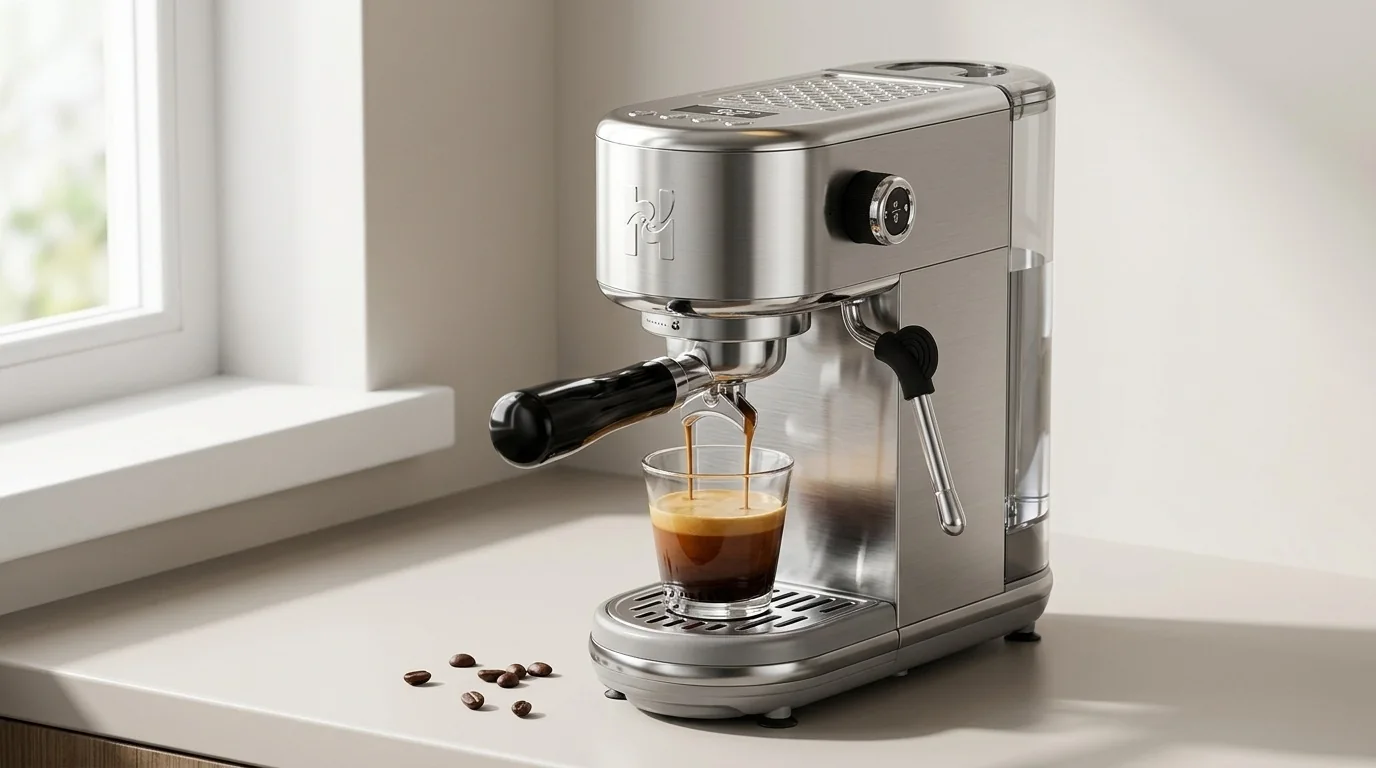 AI-assisted illustrative lifestyle photograph of a compact silver HiBREW H10B Lite-style espresso machine in a kitchen