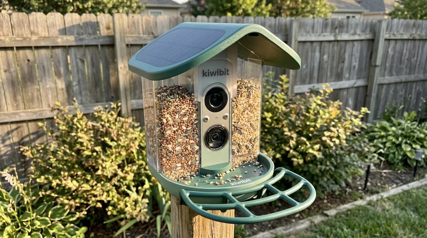 AI-assisted illustration of a solar-roof Kiwibit Pro-style feeder installed outdoors