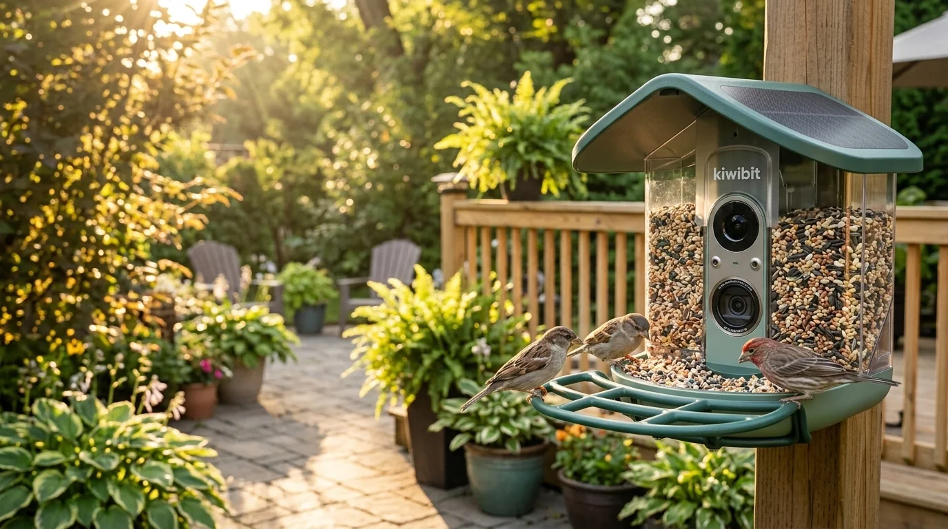 AI-generated illustrative photo of the Kiwibit Bird Feeder 2 Pro-style solar feeder in a natural backyard setting