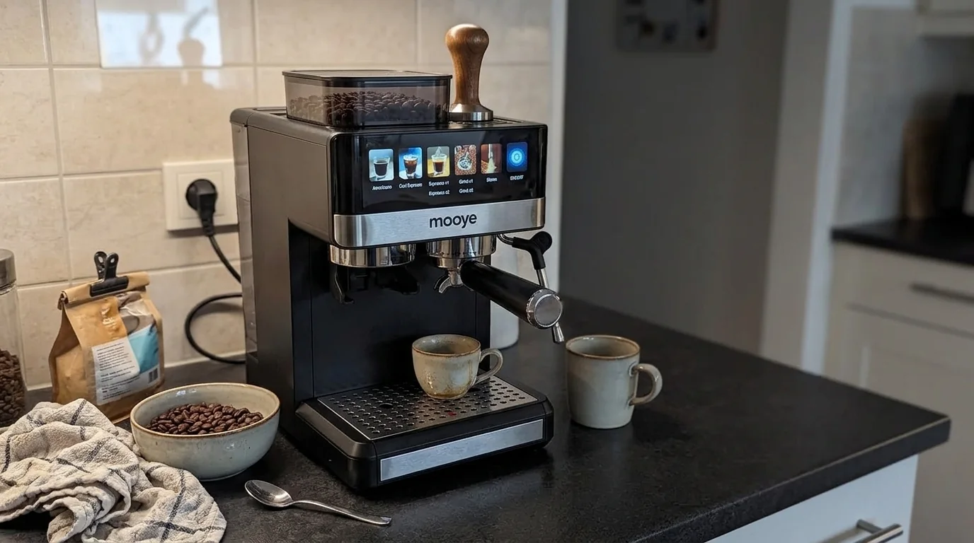 AI-assisted kitchen countertop scene with the black integrated grinder-and-espresso appliance
