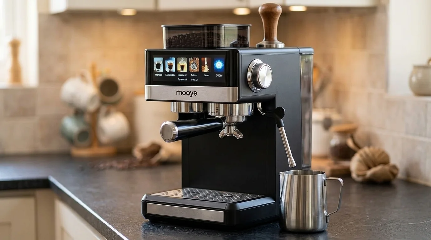 AI-assisted illustration of a black Mooye CM5519-style espresso machine with integrated bean hopper, touchscreen and portafilter on a home kitchen counter
