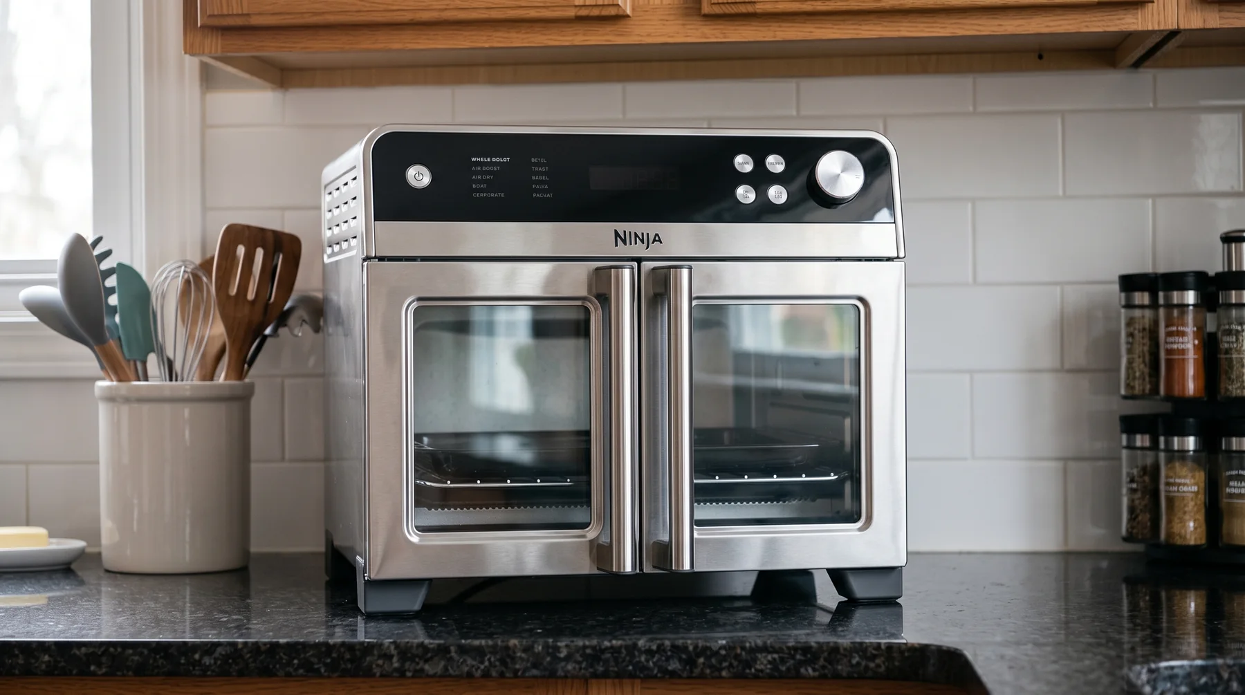 Ninja French Door Premier countertop oven shown on a kitchen counter for scale