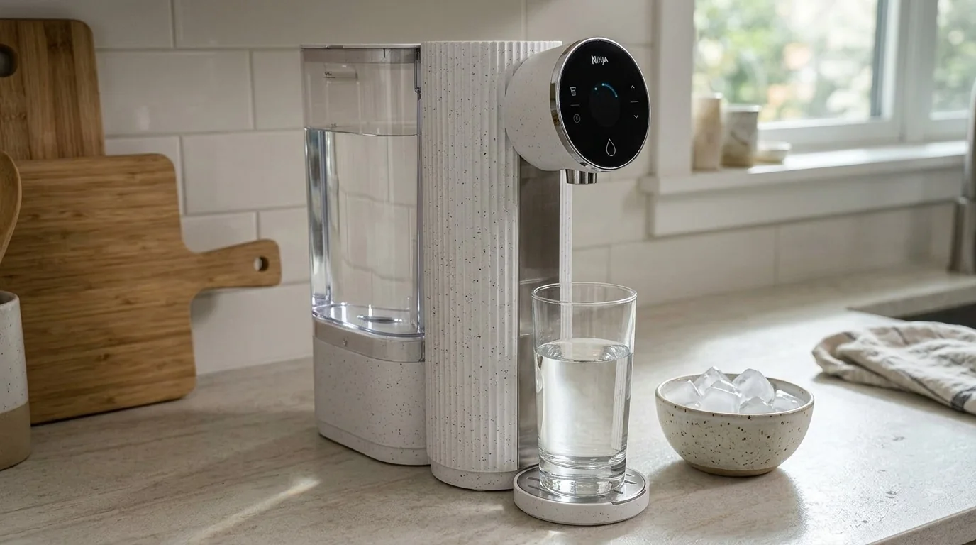AI-assisted editorial product illustration of the white HydraSense countertop device