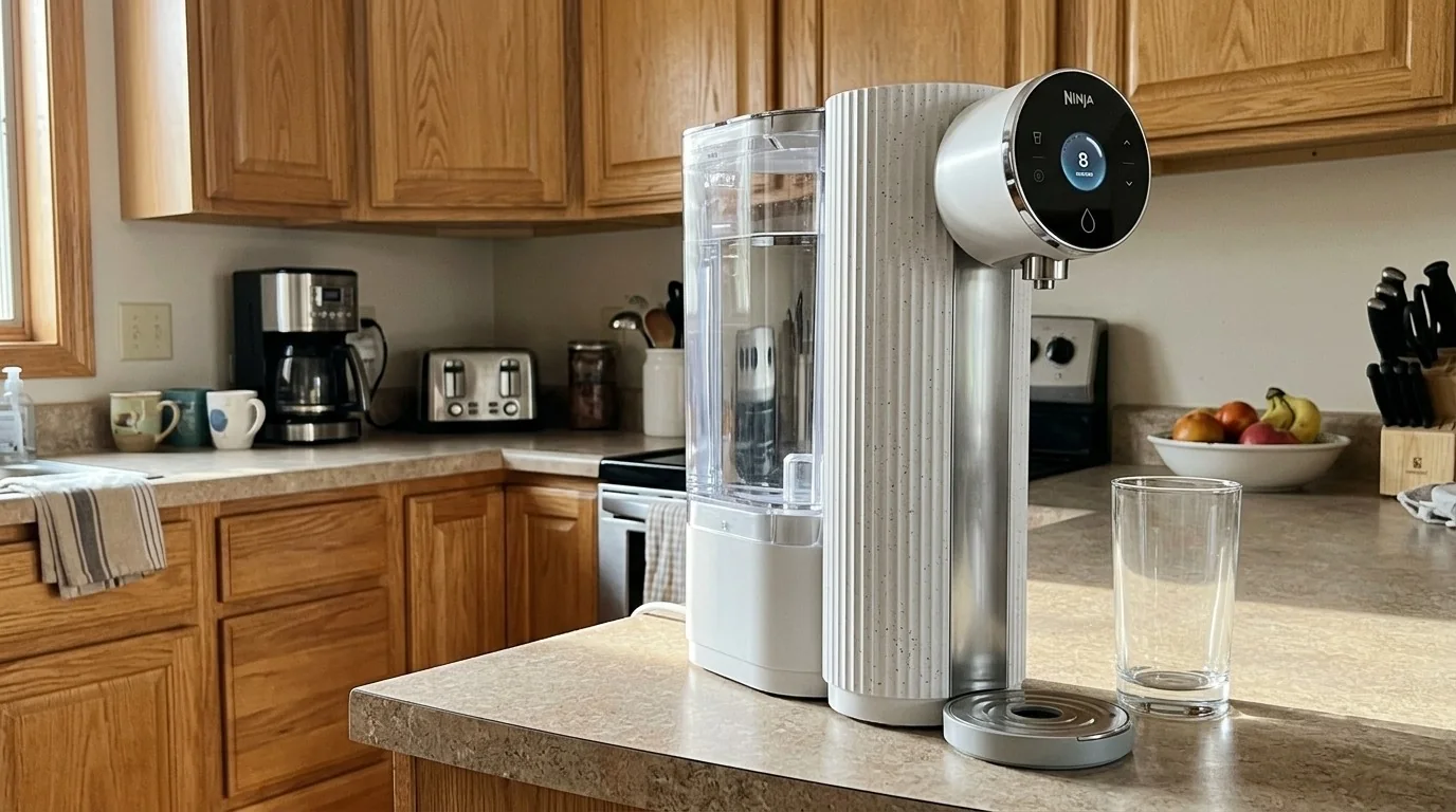 AI-assisted illustrative kitchen image showing the white Ninja HydraSense WF1001WH1 countertop water filtration system